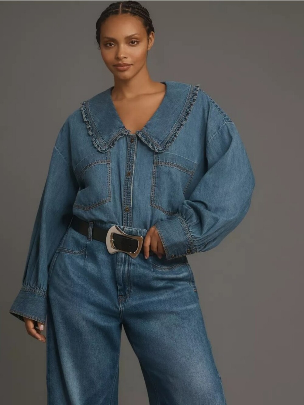 Anthro Pilcro Frill Collar Denim Button Down Shirt Xsmall